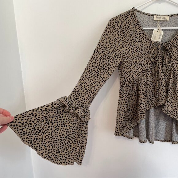 NEW NWT PEACH LOVE CALIFORNIA Tan Brown Black Dotted Long Bell Sleeve Blouse S - Picture 10 of 14